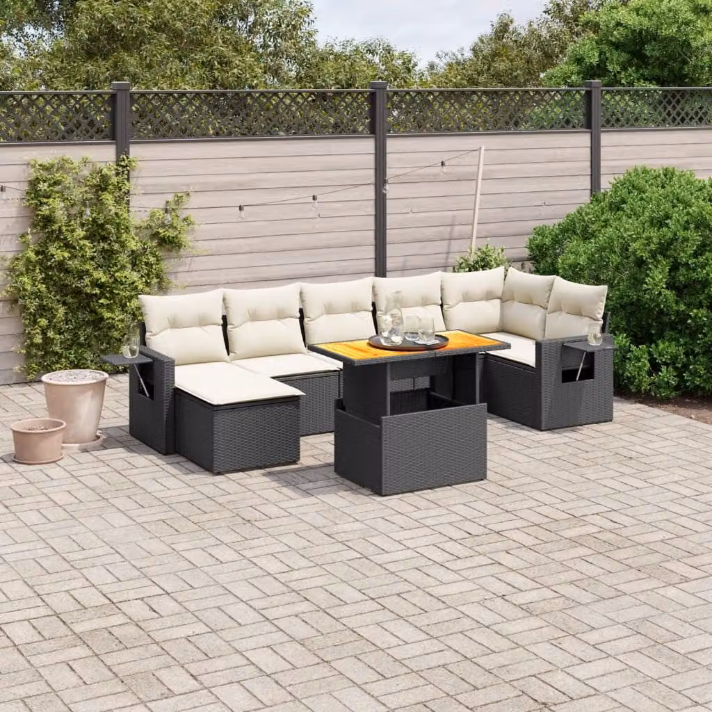 vidaXL Set Divani da Giardino a L in Polyrattan Nero con Cuscini e Tavolino da Caffè – 1