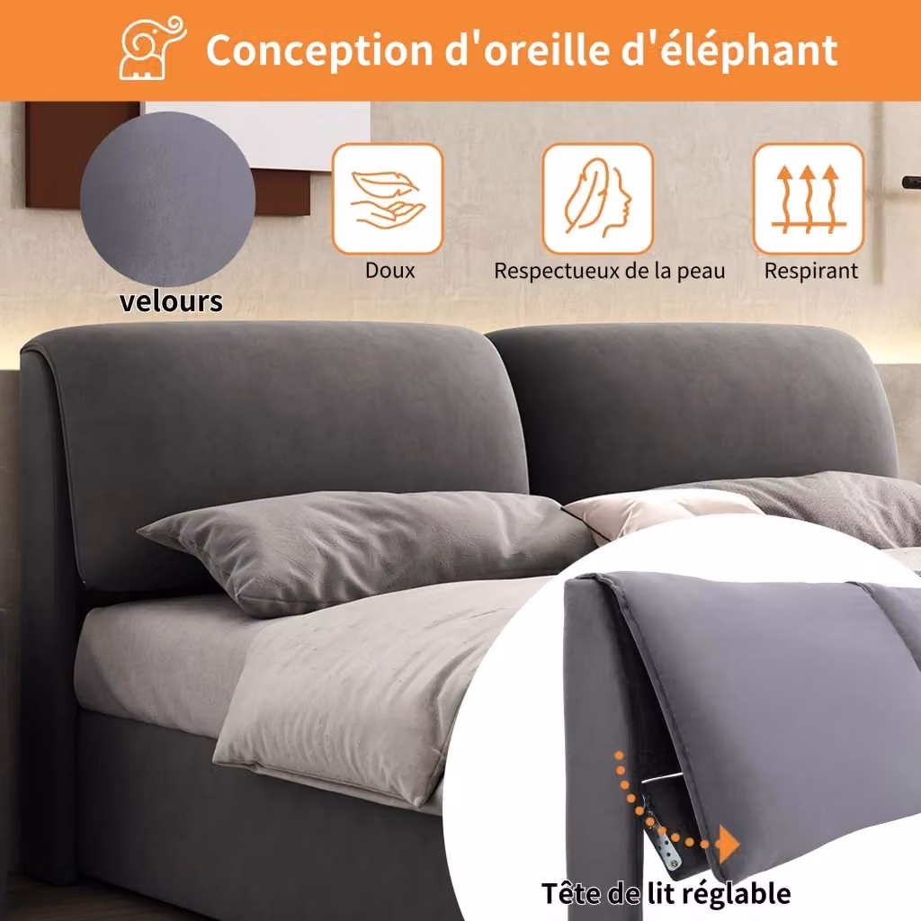 Letto Contenitore Idraulico REDOM in Velluto Grigio L/P: 140 x 190 cm – 2