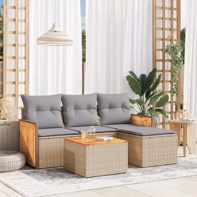 Set Divano da Giardino 5 pz con Cuscini-Sofa da Giardino-Divanetto da esterno Beige in Polyrattan 720376