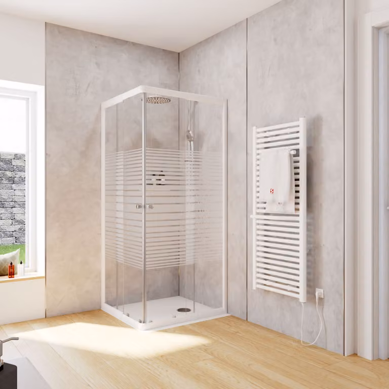 Cabina doccia Schulte Corner con ingresso angolare e porte scorrevoli, installazione su piatto doccia o piastrelle, vetro di sicurezza temperato da 4 mm, altezza: 180 cm, 75 x 80 cm, colore del profilo: bianco alpino, tipo di vetro: decorazione a strisce