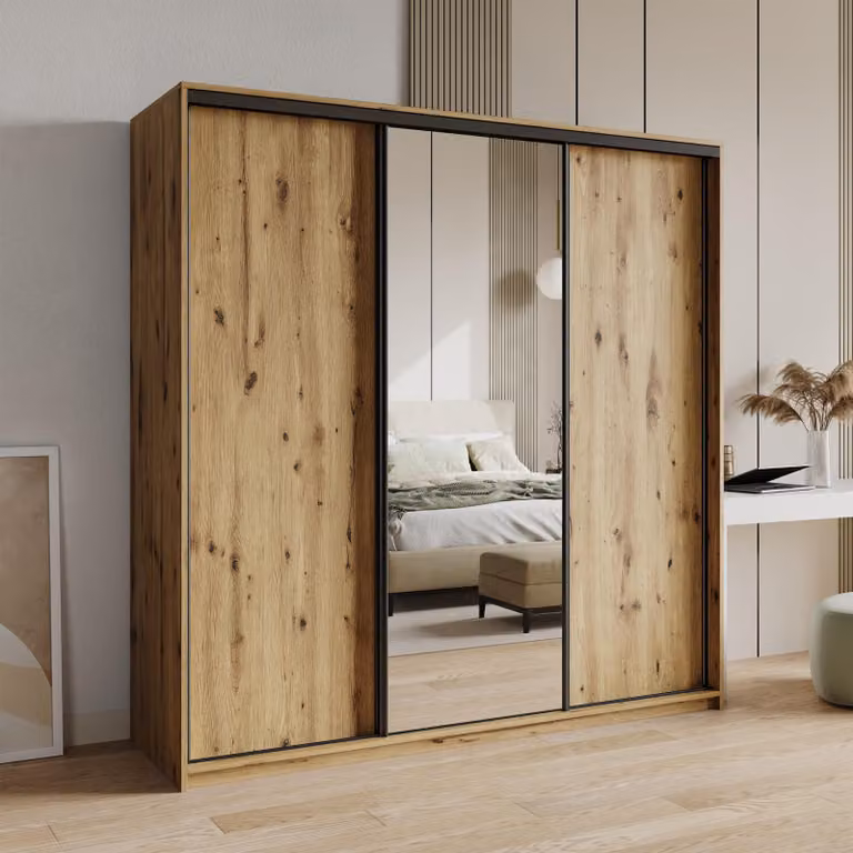 Armadio scorrevole Masseno TAVI 180/205/60 cm Armadio con 4 cassetti Armadio per camera da letto a 3 ante con specchio Rovere Artisan