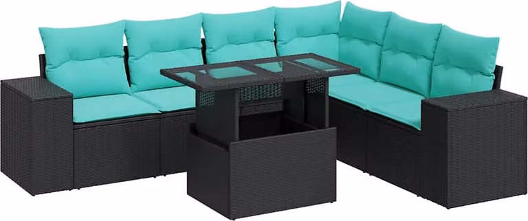 Set Divani Giardino 7pz con Cuscini Nero in Polyrattan Acacia