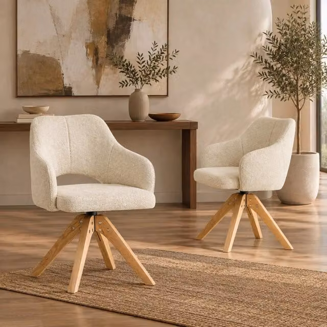 Set di 2 sedie da pranzo girevoli a 360 MIVRAY in tessuto beige e bianco con gambe in legno, H 80 x L 45 x P 48 cm – 1