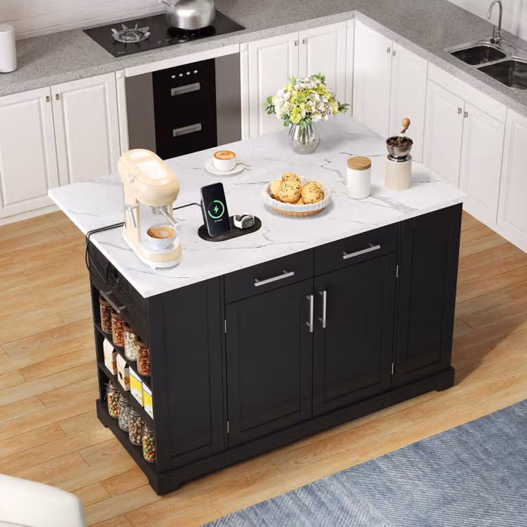 Isola da cucina STILVORA con piano di lavoro ribaltabile e presa di corrente UE, carrello da cucina con rotelle silenziose e vano rifiuti estraibile, mobile da cucina con ripiani regolabili, nero