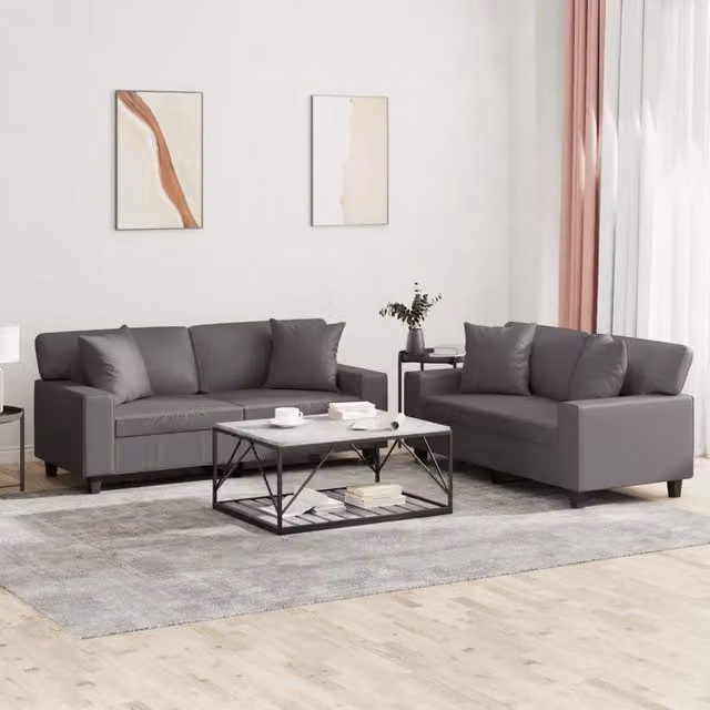 Set di 2 divani moderni vidaXL in similpelle grigio con cuscini inclusi – 1