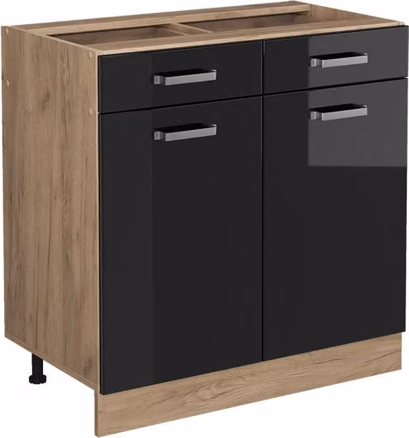 Mobiletto base per cucina Vicco R-Line moderno in nero lucido e rovere con ante a battente e cassetti L: 80 cm, P: 46 cm, H: 81,6 cm
