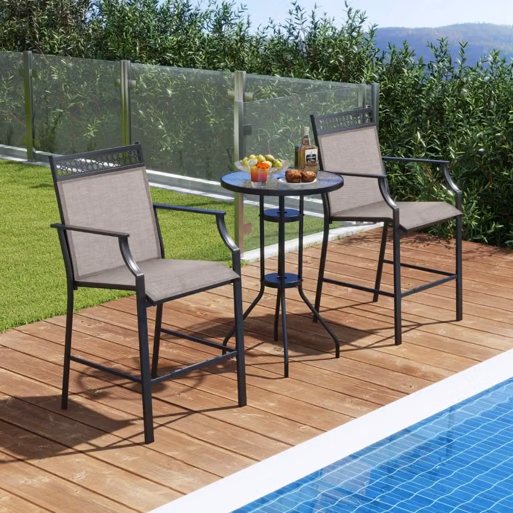 Set di 2 sgabelli da bar da esterno con braccioli e poggiapiedi in metallo nero opaco per giardino, balcone o terrazza, H: 114 cm, L: 62 cm, P: 66 cm – 2