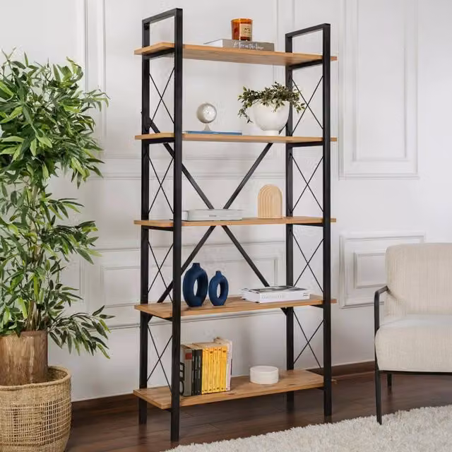Libreria Suriel DMORA in Pino e Nero, Scaffale Moderno per Ufficio e Soggiorno, L 90 x P 34 x H 180 cm