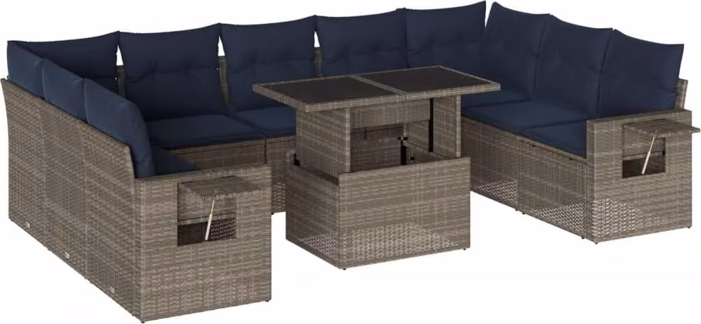Set Divani da Giardino 10 pz con Cuscini Grigio in Polyrattan