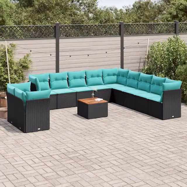 Set di Divani da Giardino a Forma di U vidaXL in Polyrattan Nero con Cuscini Blu e Tavolino da Esterno