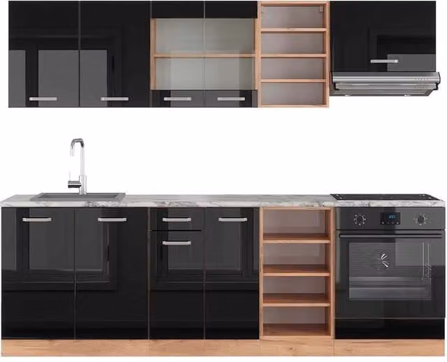 Cucina componibile moderna Vicco R-Line in legno e metallo, Nero lucido e Rovere, L: 240 cm, P: 60 cm, H: 206,8 cm