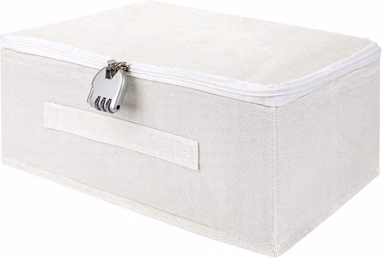 Contenitore pieghevole in tessuto con serratura a combinazione numerica, dimensioni 30 x 20 x 14 cm, ideale per riporre vestiti