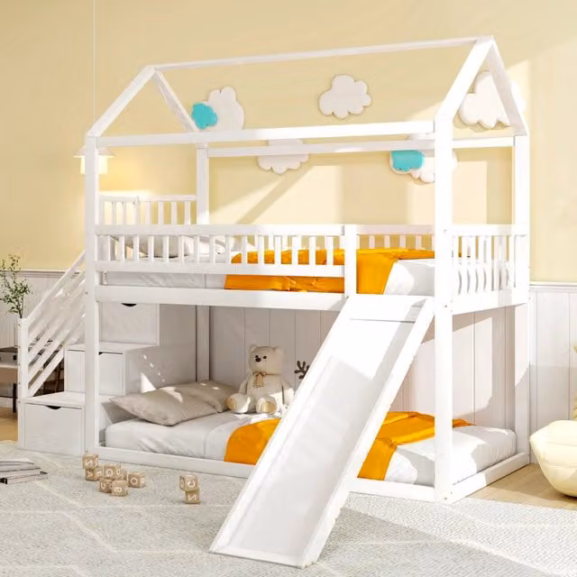 Letto a soppalco singolo OKWISH per bambini con scivolo, scala contenitore e sponde alte, bianco, L/P/H: 200 x 90 x 150 cm