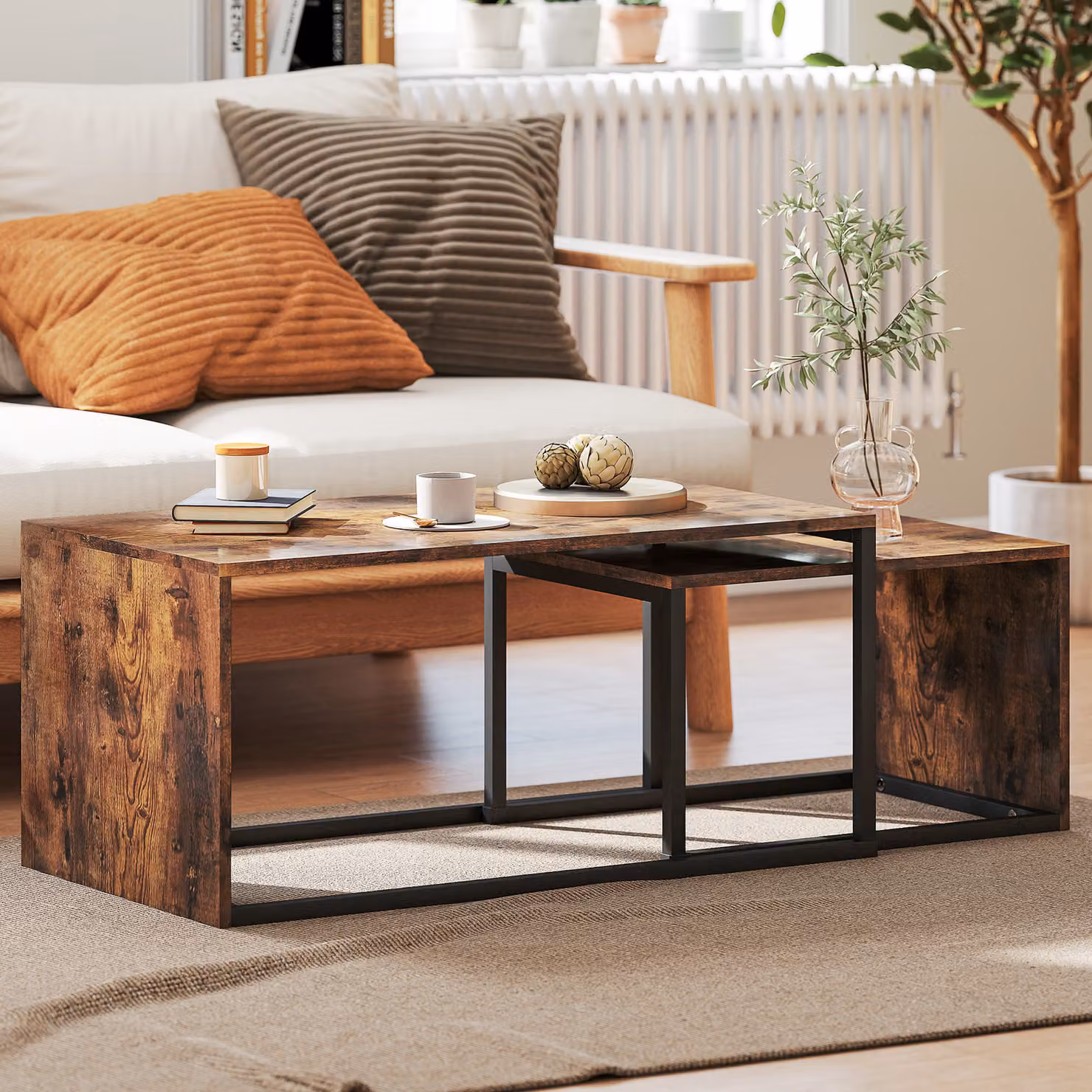 Set di 2 tavolini da salotto e laterali HOMCOM in metallo e legno, colore Nero e Marrone, L/P/H: 90 x 48 x 42 cm e 59 x 42 x 36 cm – 2