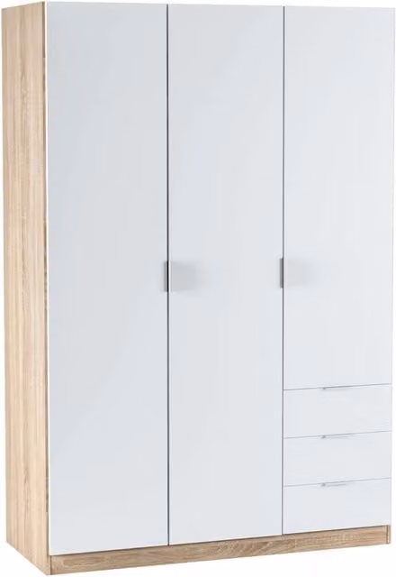 Armadio Guardaroba 3 Ante Con Asta Appendiabiti 3 Ripiani E 3 Cassetti Design Moderno Stile Nordico Salvaspazio Camera Da Letto Ospiti Multifunzione 121 x 52 x 180 Cm Bianco E Rovere