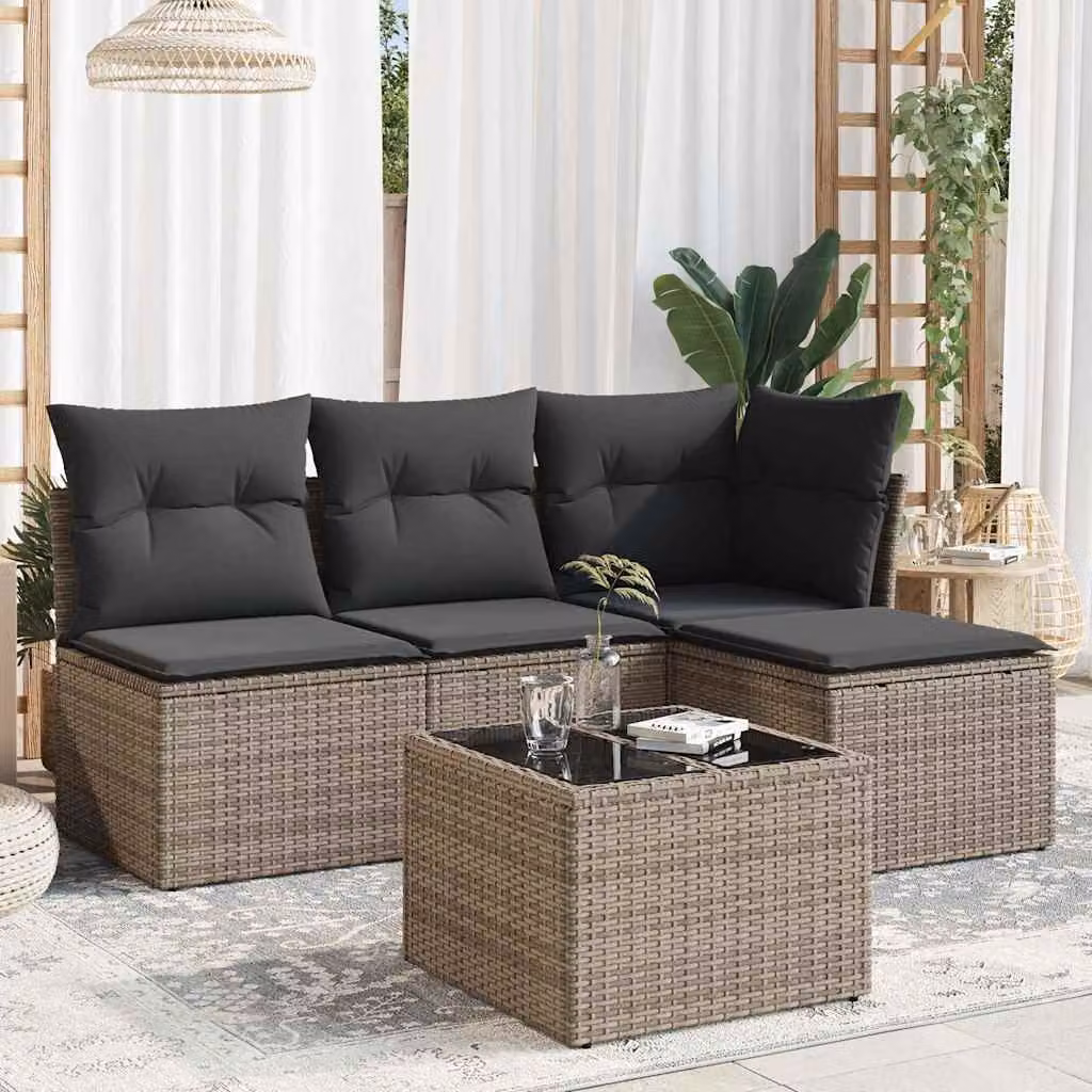 vidaXL Set Divano da Giardino 5 pz in Polyrattan Grigio con Cuscini e Tavolino da Caffè – 1