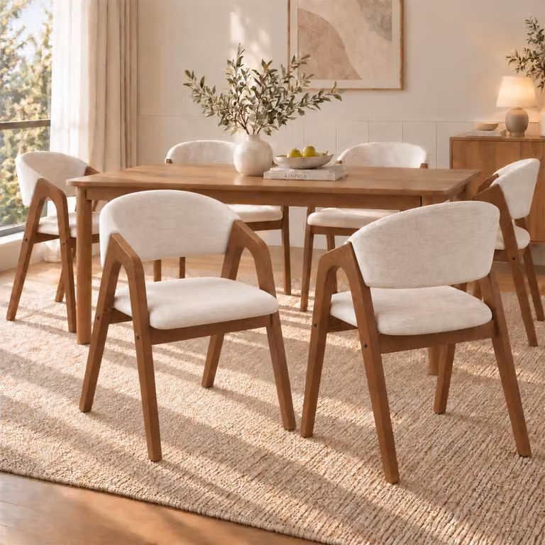 Set di 6 sedie da pranzo Flieks, poltrone con schienali sagomati, sedie da cucina e da soggiorno con rivestimento in lino, colore noce