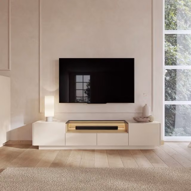 Mobile porta TV Kakagano DMORA con 2 cassetti, beige e marrone, L 203 cm x P 40 cm x H 43 cm