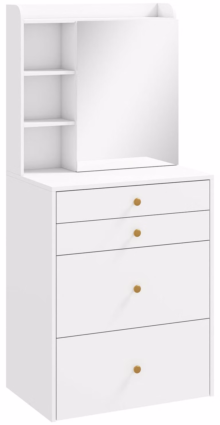 Comò da trucco con specchio e sgabello, armadio e cassetti | Colore: Bianco | Dimensioni: 60x40x132,5 cm