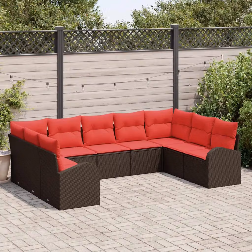 Set Divano da Giardino vidaXL 9 pz a Forma a L con Cuscini Marrone e Rosso