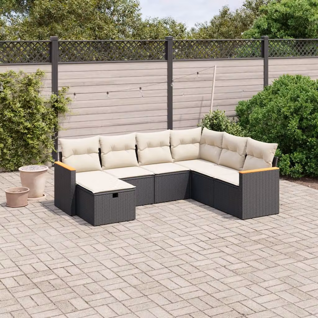 vidaXL Set Divano da Giardino a L con 7 Cuscini, Struttura in Metallo e Polyrattan Nero – 1