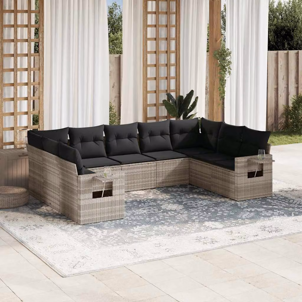 vidaXL Set Divano da Giardino a L 9pz in Polyrattan Grigio con Cuscini Imbottiti e Tavolino – 1