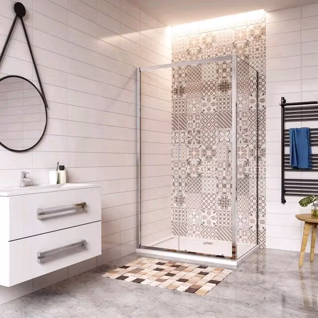 185 cm Box Doccia Angolare Porta Scorrevole con Parete Fissa Vetro Temperato 5 mm Trasparente Telaio Cromato Lucido 170x76 cm