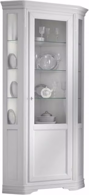 Vetrina angolo shabby chic in legno massello con porta in vetro e ripiani interni, laccata avorio, Mobili 2G, L: 76 cm, P: 76 cm, H: 215 cm – 1