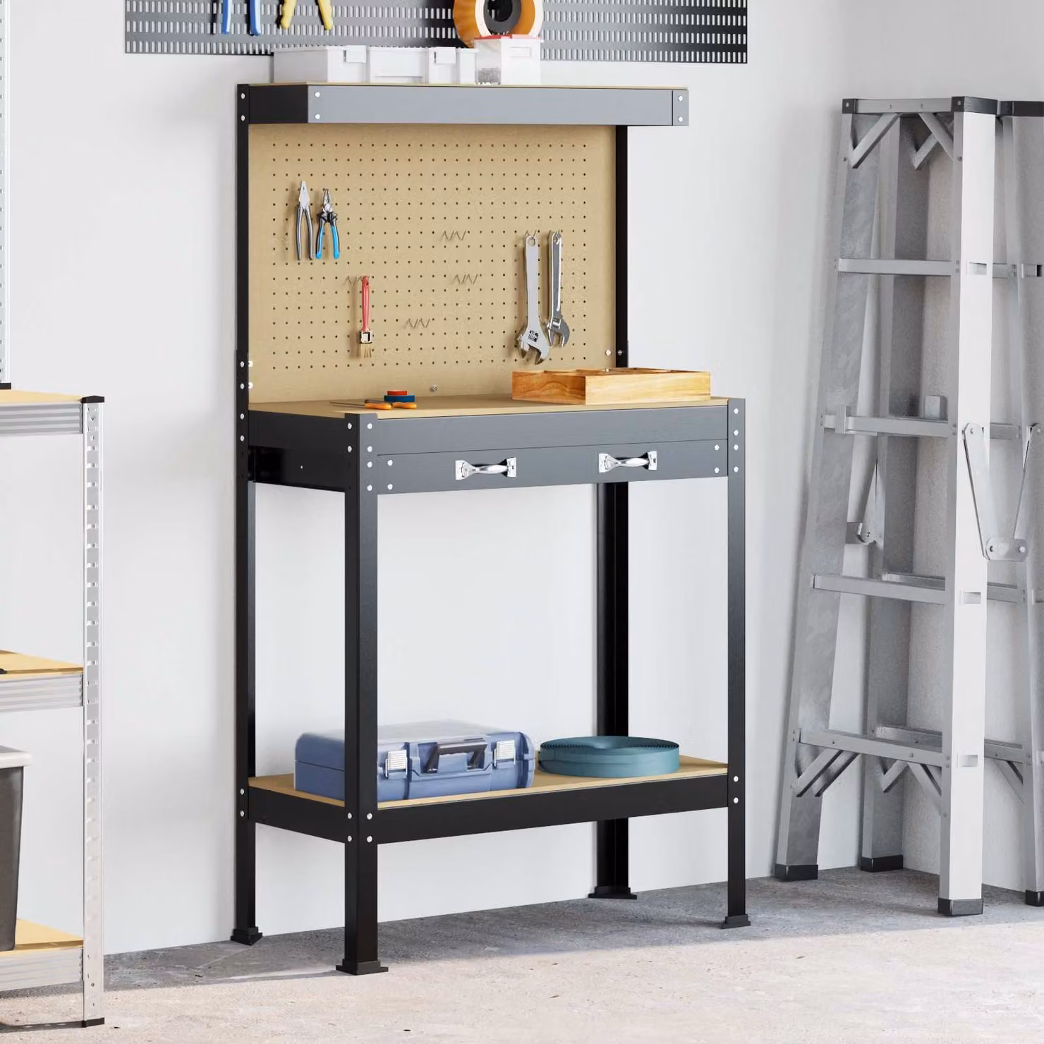 vidaXL Banco da lavoro con cassetto e pannello forato Nero L: 81 cm, P: 41 cm, H: 145 cm