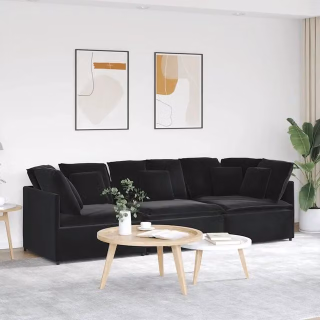 Divano Modulare con Cuscini in Velluto Nero 3321284