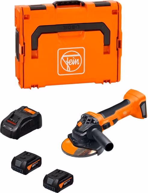 Smerigliatrice angolare FEIN CCG 18-125-7 AS arancione con 2 batterie da 5,0 Ah, caricabatterie GAL1880CV e L-Boxx 136
