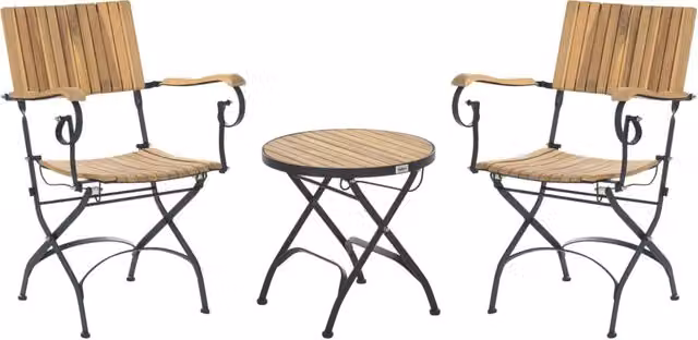 Set da bistrot da 3 pezzi in legno di acacia marrone chiaro con struttura in acciaio, tavolino rotondo pieghevole, per giardino e terrazza