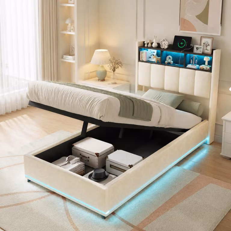 Letto imbottito INONEFT 90x200 cm con LED e porta USB di tipo C, letto a molle con rete a doghe e contenitore, letto singolo per giovani con sistema idraulico e spazio contenitivo, rivestito in velluto bianco