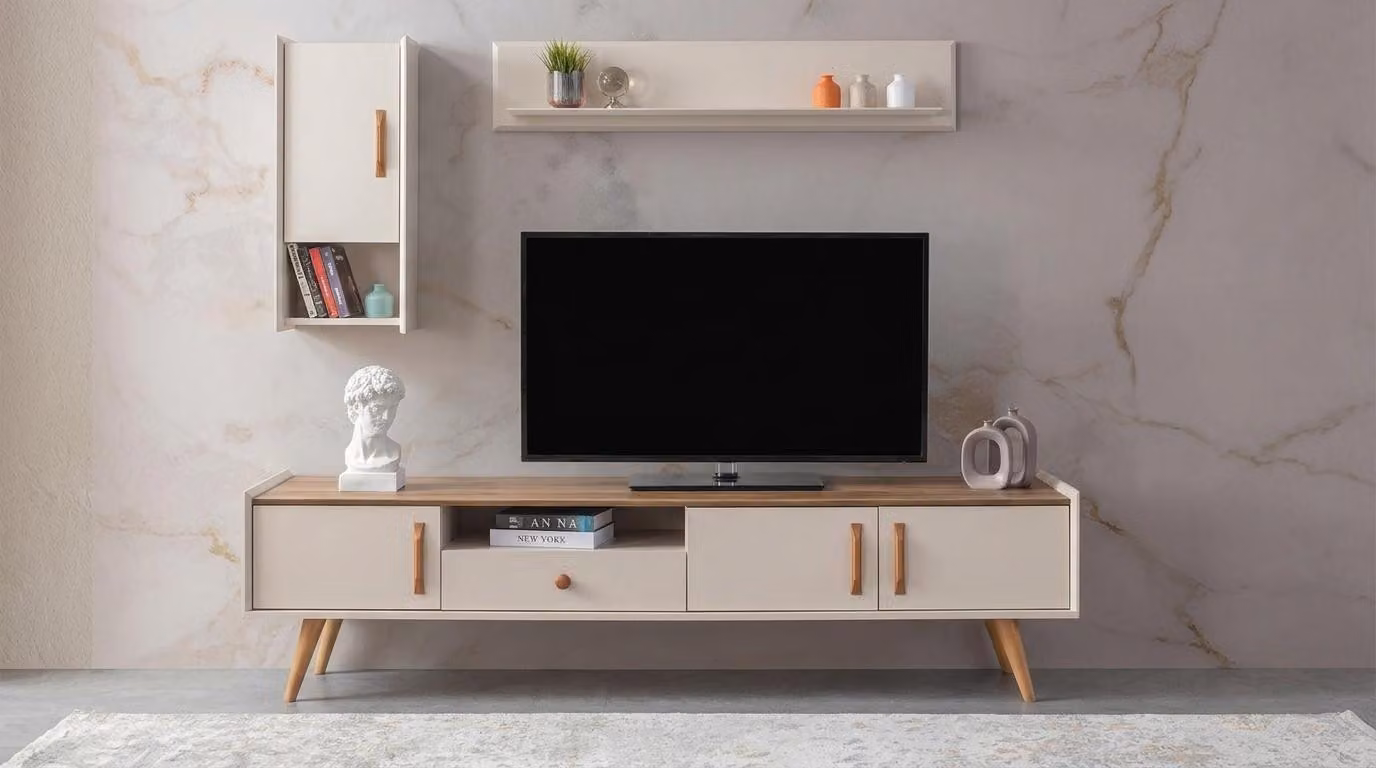 Set di mobili per soggiorno, composto da pensile, scaffale a parete, design moderno, beige, minimalista ed elegante