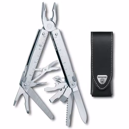 Victorinox Multi-strumento Swiss Tool X, 26 Funzioni, Made in Switzerland, Multiuso con Lama Bloccabile, incl. Fodero in Pelle, Argento