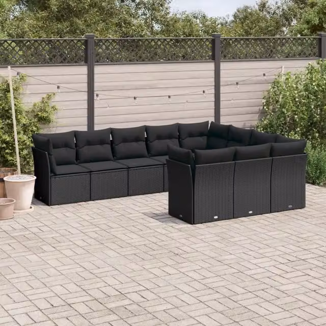 Set Divani da Giardino 10pz con Cuscini in Polyrattan Nero 3250054