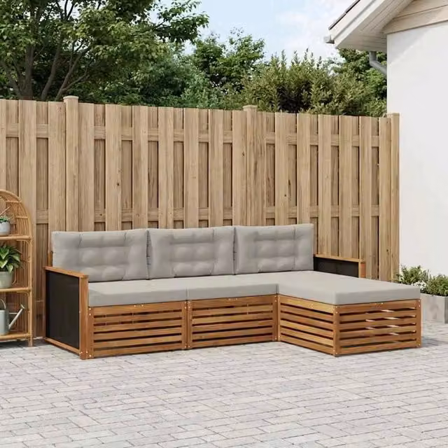 Set di divani da esterno vidaXL a forma di L con pouf, in legno di acacia e tessuto beige e grigio – 1