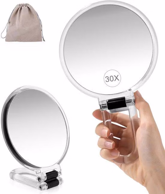 Specchio da mano regolabile, pieghevole e bifacciale con ingrandimento 30x/1x, ideale per l'uso da tavolo e in viaggio, perfetto come regalo