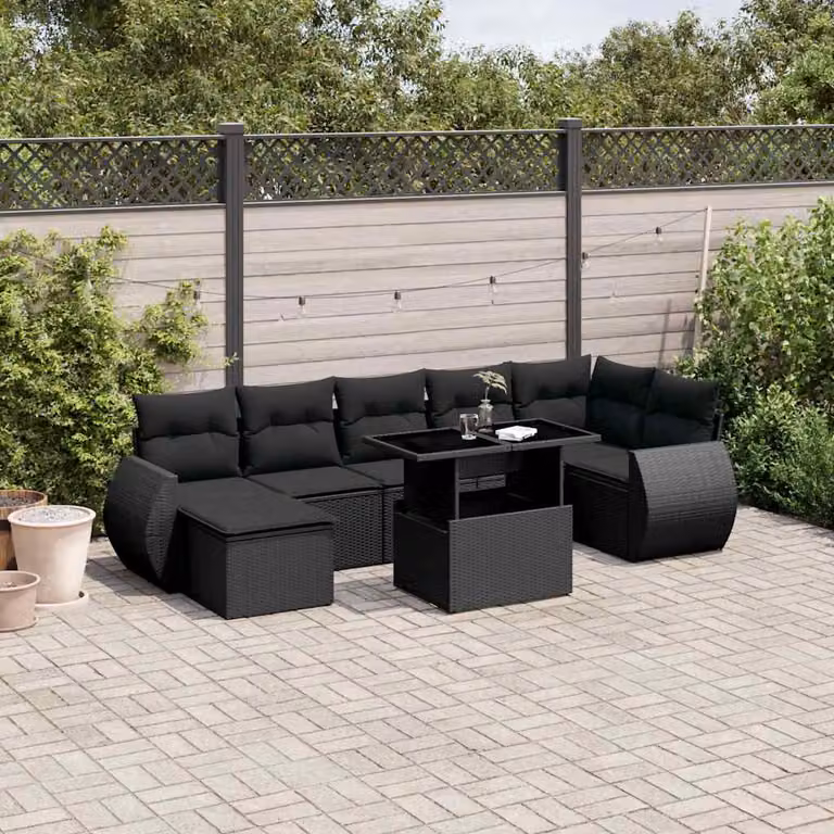 vidaXL Set Divani da Giardino a L con Cuscini Nero in Polyrattan e Acciaio
