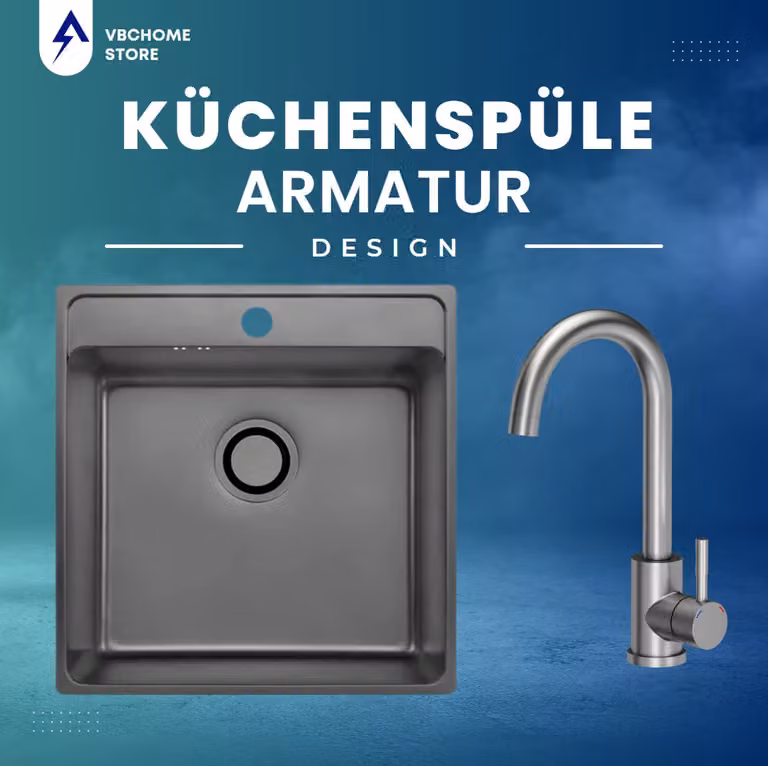VBChome Lavello in acciaio inox con rubinetteria – 49x48x21 cm, struttura in grafite e lino – Lavello da incasso con foro per rubinetto, vasca grande, sifone Lavello da cucina Rubinetteria Inox