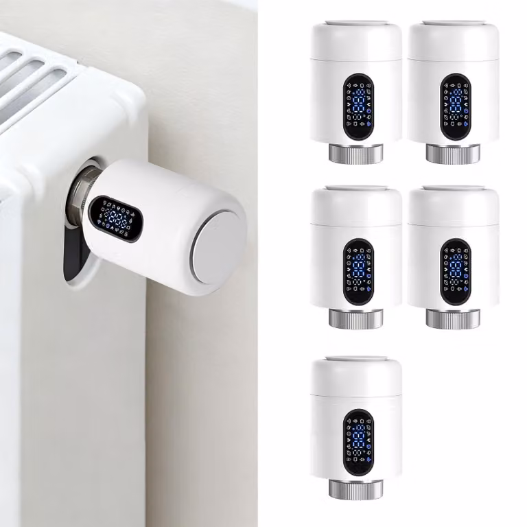 Set di 5 termostati per radiatori Ikodm, termostati intelligenti bianchi, controllo tramite app Wi-Fi, rilevamento finestre, protezione antigelo, 7 adattatori