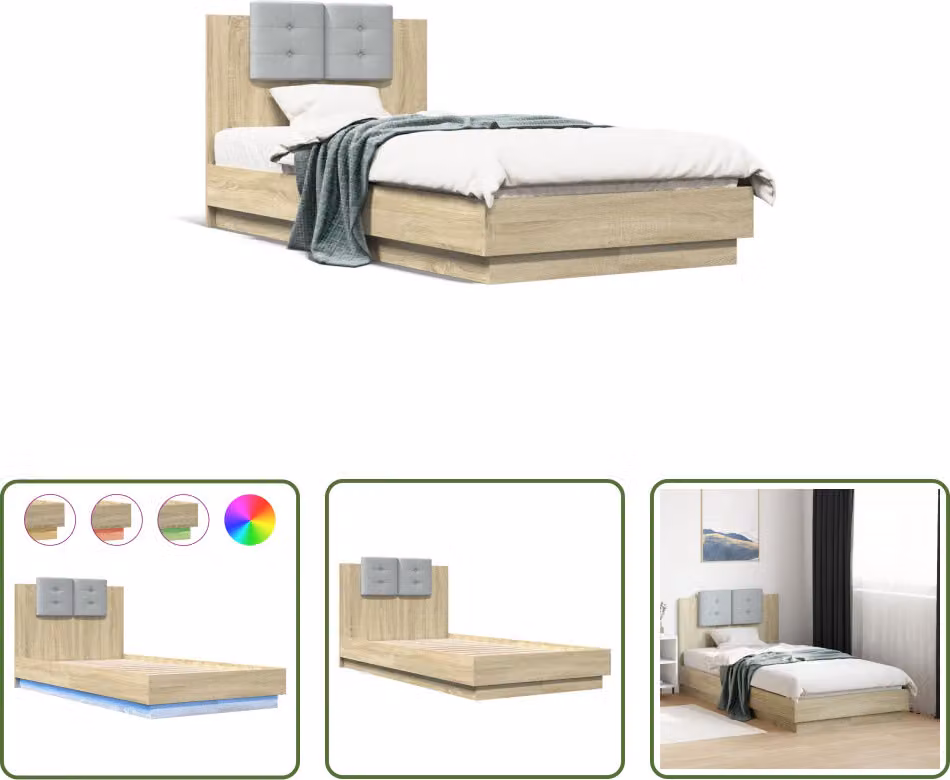 The Living Store Struttura letto con testiera e luci LED Rovere Sonoma 90x190cm