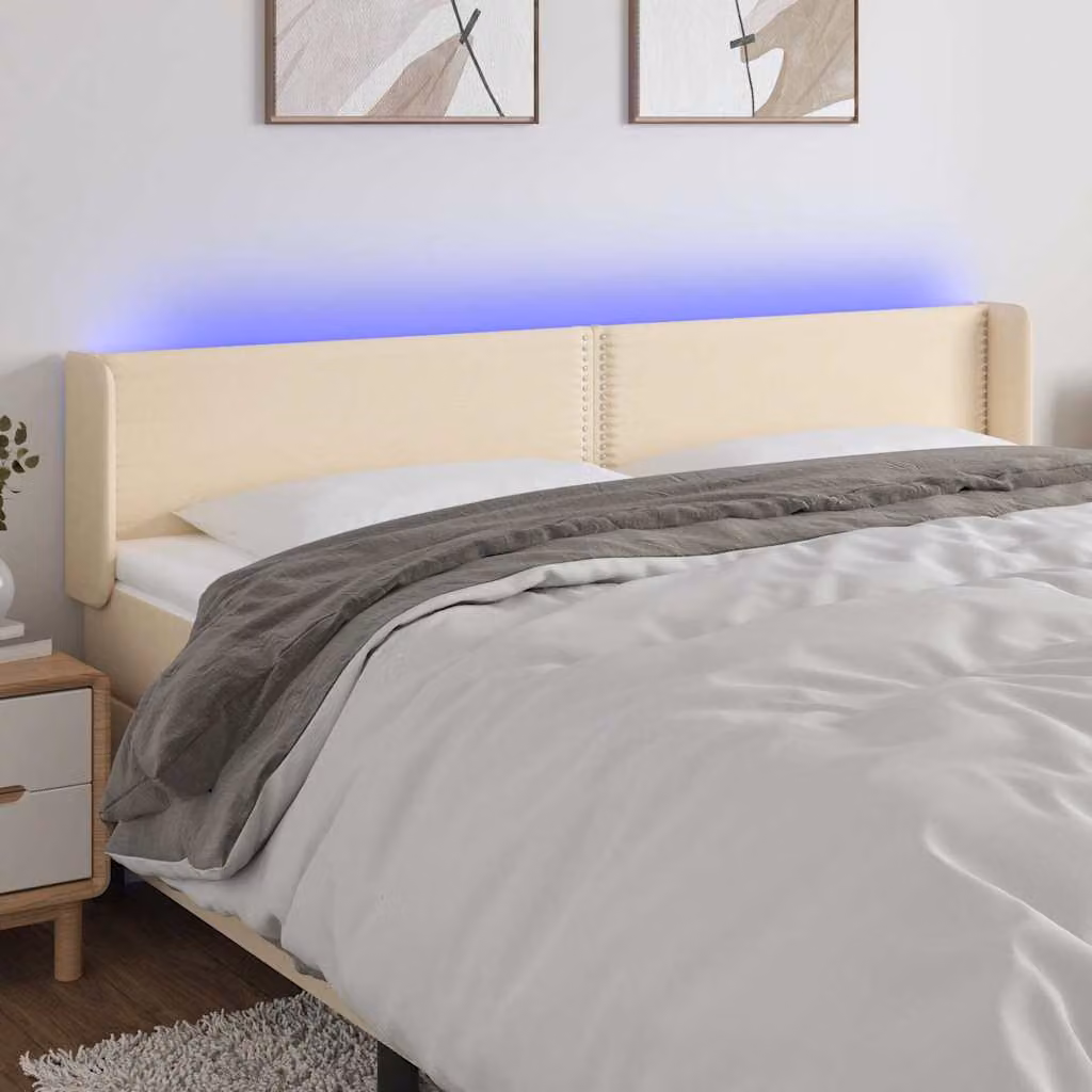 Testiera per letto vidaXL in tessuto beige con illuminazione LED integrata e porta di ricarica USB, L: 183 cm, P: 16 cm, H: 78-88 cm