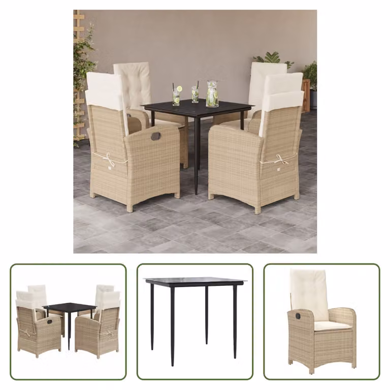 The Living Store Set da pranzo da giardino 5 pezzi con cuscini Beige poly rattan
