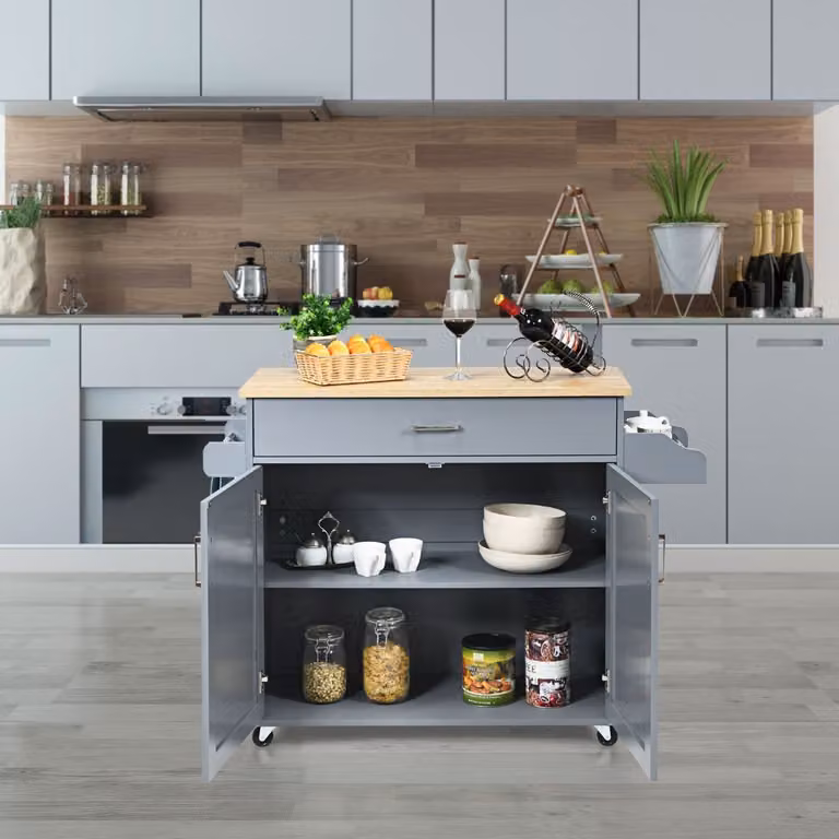 Isola da cucina Costway con mensola regolabile e ruote in gomma, carrello moderno in legno MDF grigio