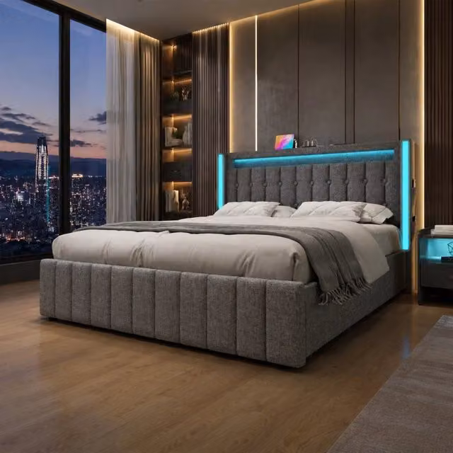 Letto Mivray imbottito in lino grigio con 4 cassetti, illuminazione LED e porte di ricarica USB e Type-C, L/P/H: 160 x 200 x 104 cm