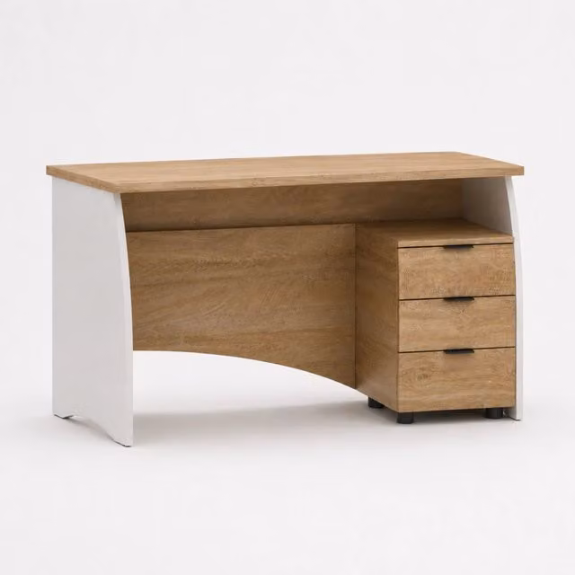 Scrivania Moderna con 3 Cassetti per Studio o Ufficio, Colore Bianco e Rovere, L: 136 cm, P: 74 cm, H: 67 cm