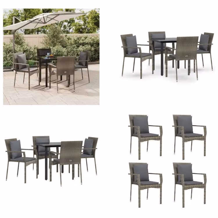 vidaXL Set da pranzo da giardino 5 pezzi con cuscini in poly rattan nero e grigio - Set da pranzo da giardino - Set da pranzo da giardino - Set da pranzo da terrazza