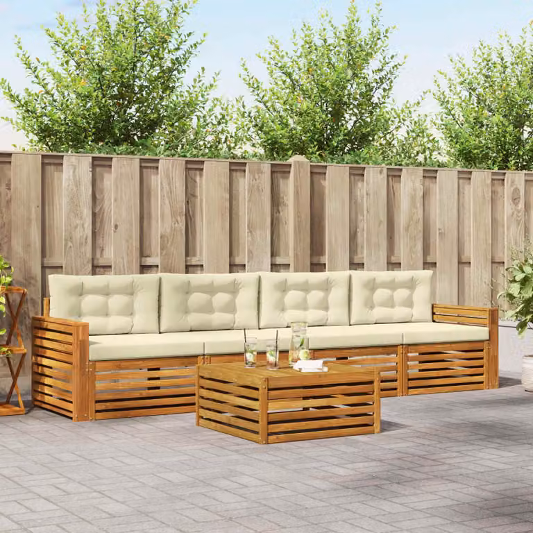 Set di divani da esterno vidaXL in legno di acacia con tavolino e cuscini, colore beige e bianco