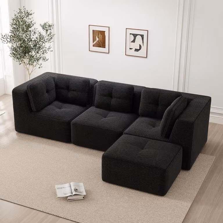 Divano angolare modulare Cord nero, divano a forma di L con poggiapiedi, divano da soggiorno a 3 posti con seduta profonda, design minimalista senza struttura a vista, dimensioni 297x177x69 cm